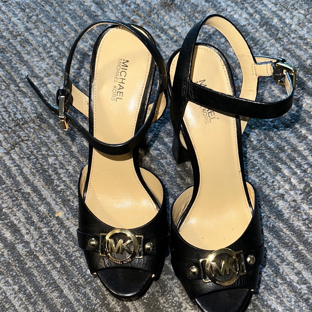 Michael Kors Black Heels with Gold MK Detail - Picture 3 of 7